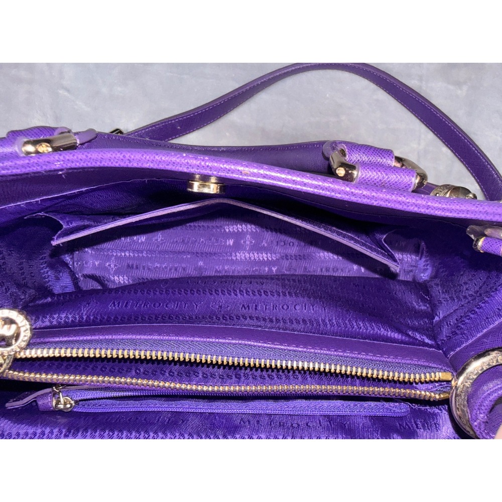 Metrocity Purple Saffiano Leather Satchel Handbag Gold Hardware Crossbody Bag - Picture 4 of 10